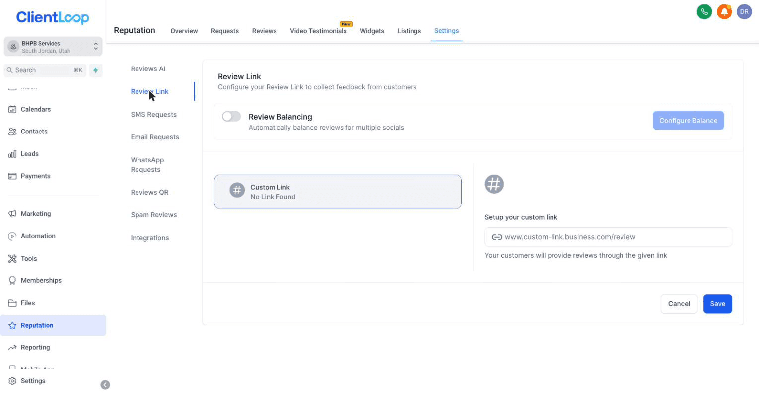 The Review Link setting that review requests point customers to