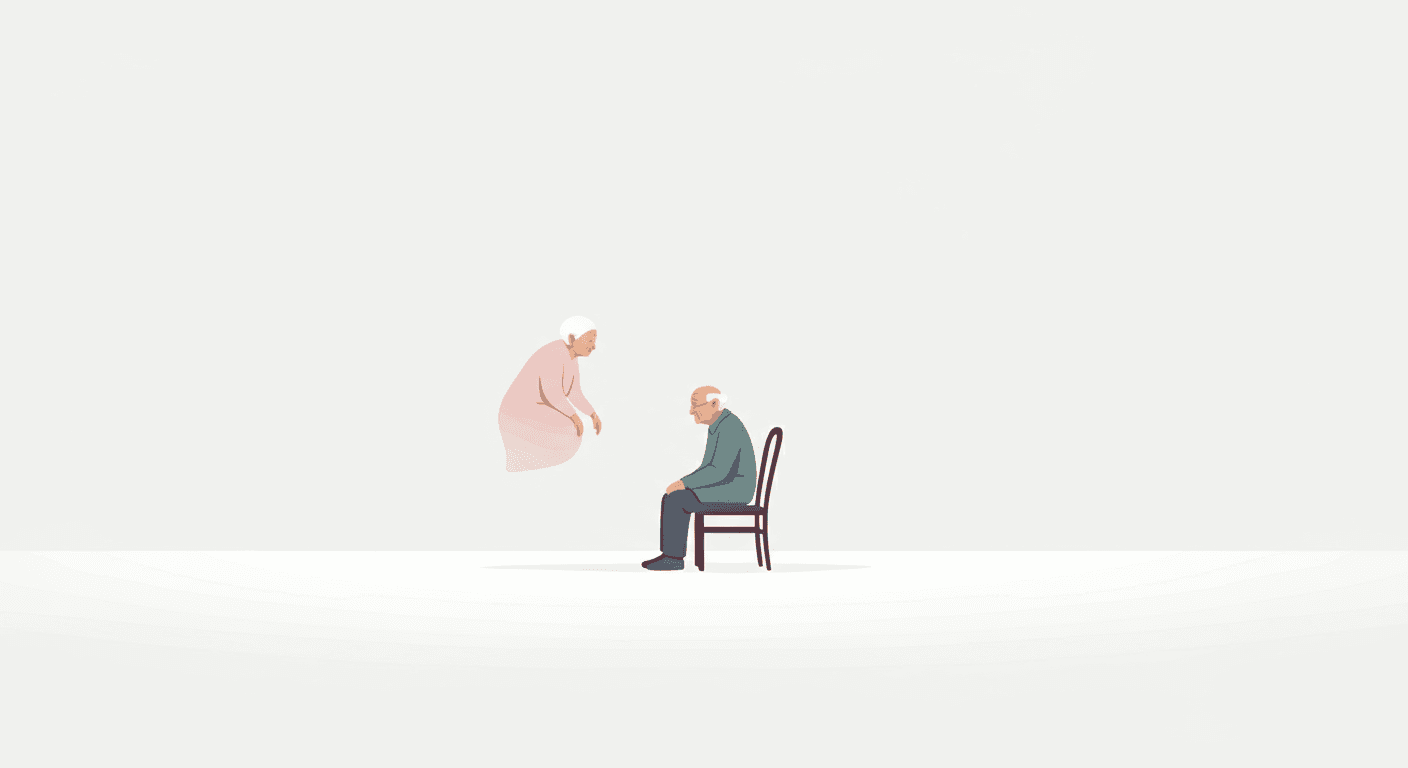 A solitary older figure sits in a wide, open white space. Floating near them is a soft, abstract shape—suggesting a presence or companion—gently facing them at a conversational distance. The scene captures the quiet moment between solitude and connection, evoking memory, care, and dignity. The space around them is intentionally sparse, focusing all attention on the calm, subtle exchange between human and non-human presence.
