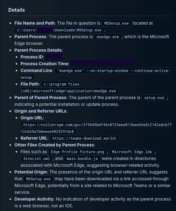 Finding Detail: MSSetup.exe download origin Dropzone AI investigation details panel showing MSSetup.exe located in the user Downloads folder, with parent process msedge.exe (Microsoft Edge), origin URL from collierspm.com, and referrer URL https://teams-download.world/ — indicating the file was downloaded through Edge after visiting a spoofed Microsoft Teams download page.