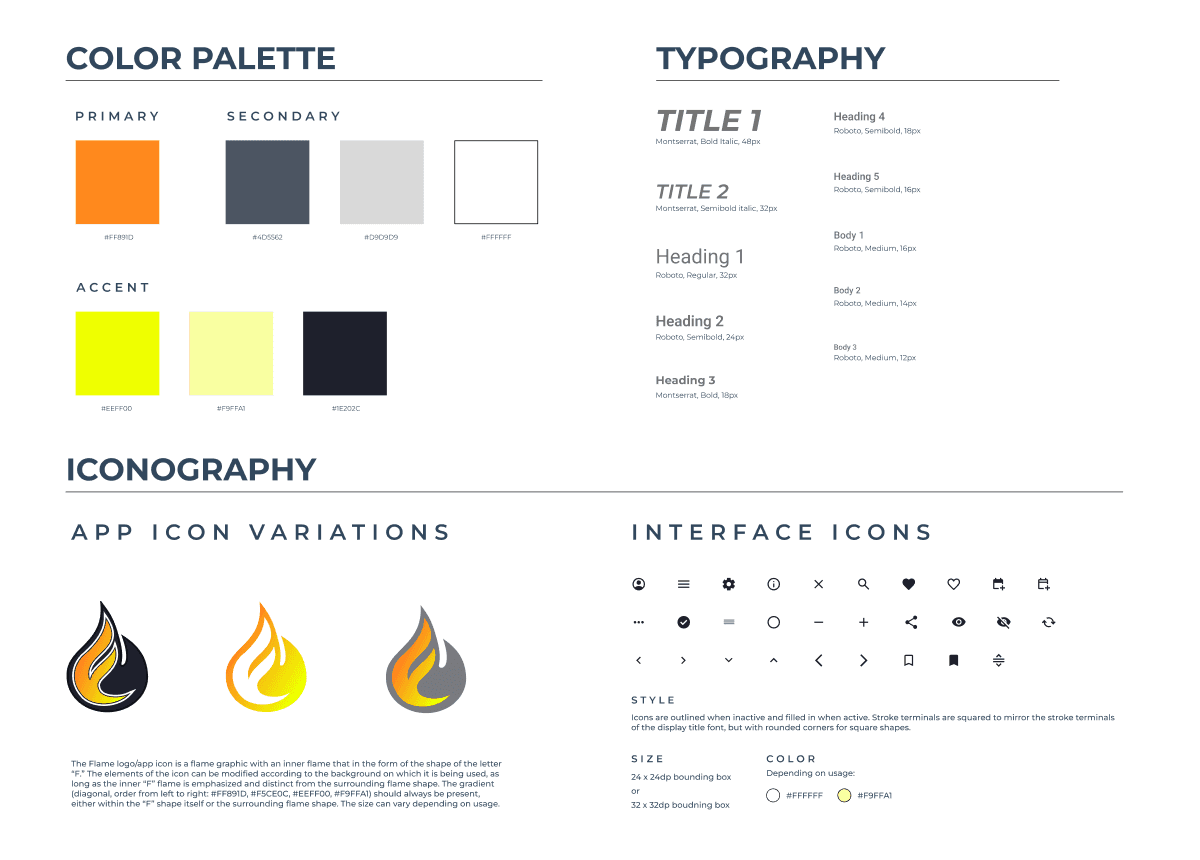 Style guide preview showing color palette, typography, and iconography