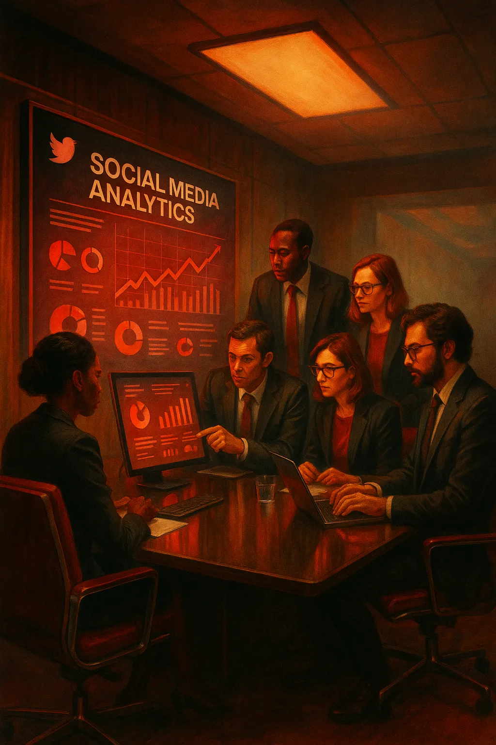 Team analyzing data at RockN' Socials Digital Marketing Agency meeting.