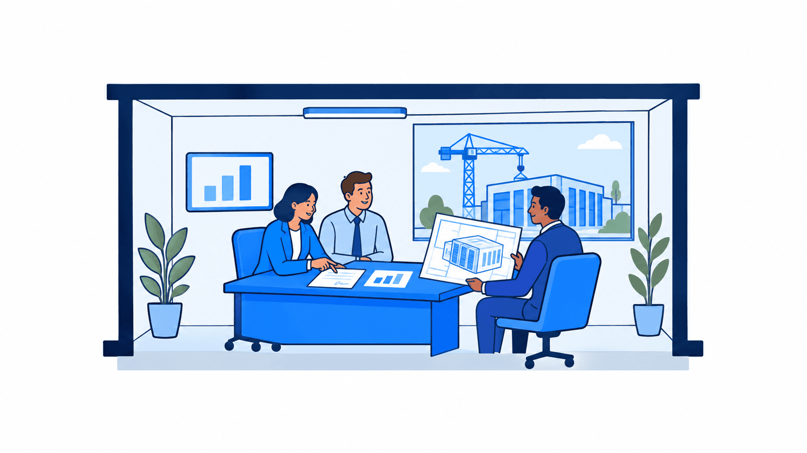 Illustration: Eine Risikovorständin und ein Kreditanalyst prüfen mit einem Projektentwickler die Pläne eines Rechenzentrums