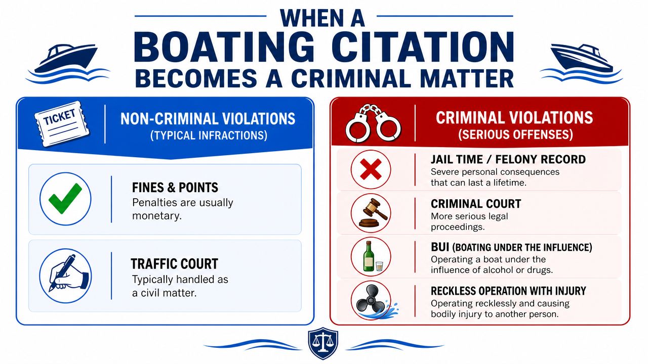 An infographic comparing non-criminal boating citations and criminal boating violations with their respective legal consequences.