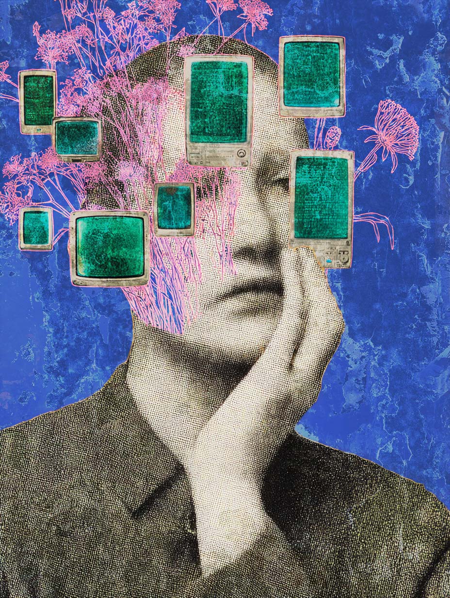 Surreal digital collage showing stacked human eyes beneath a cloud, symbolizing perception and awareness.