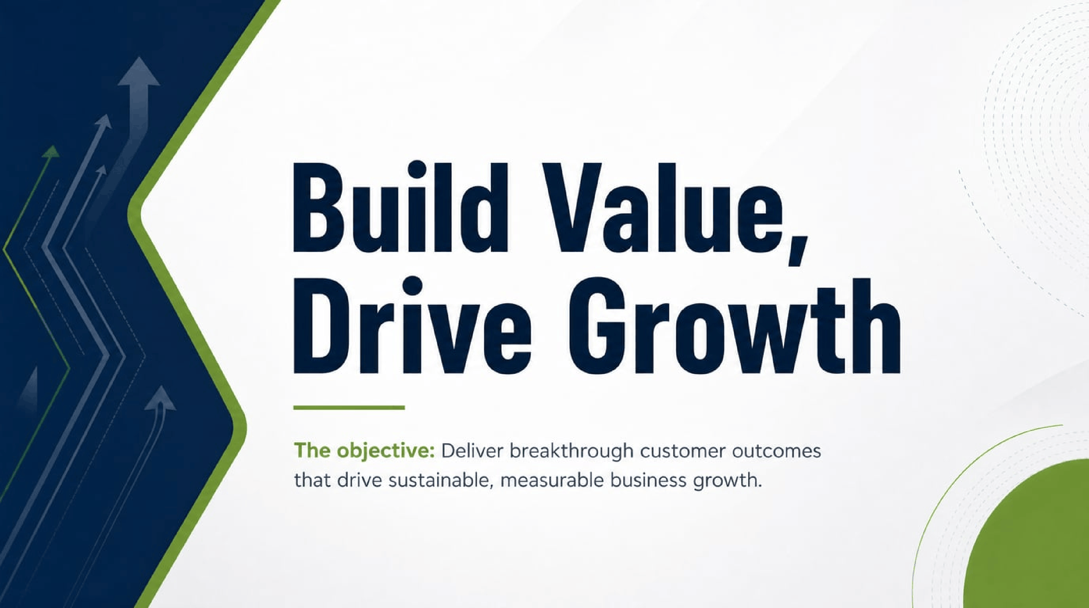 AI presentation maker slide titled "Build Value, Drive Growth" describing an objective to deliver measurable business outcomes.