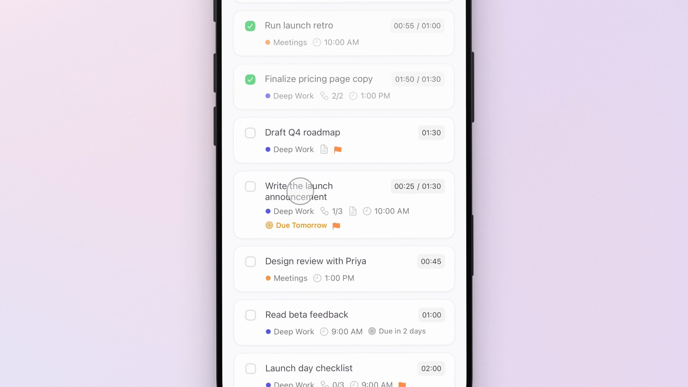 A frame from a Moonjar cut of Ellie on an iPhone, zoomed in on the Product Launch list, with a tap mark on the task Write the launch announcement