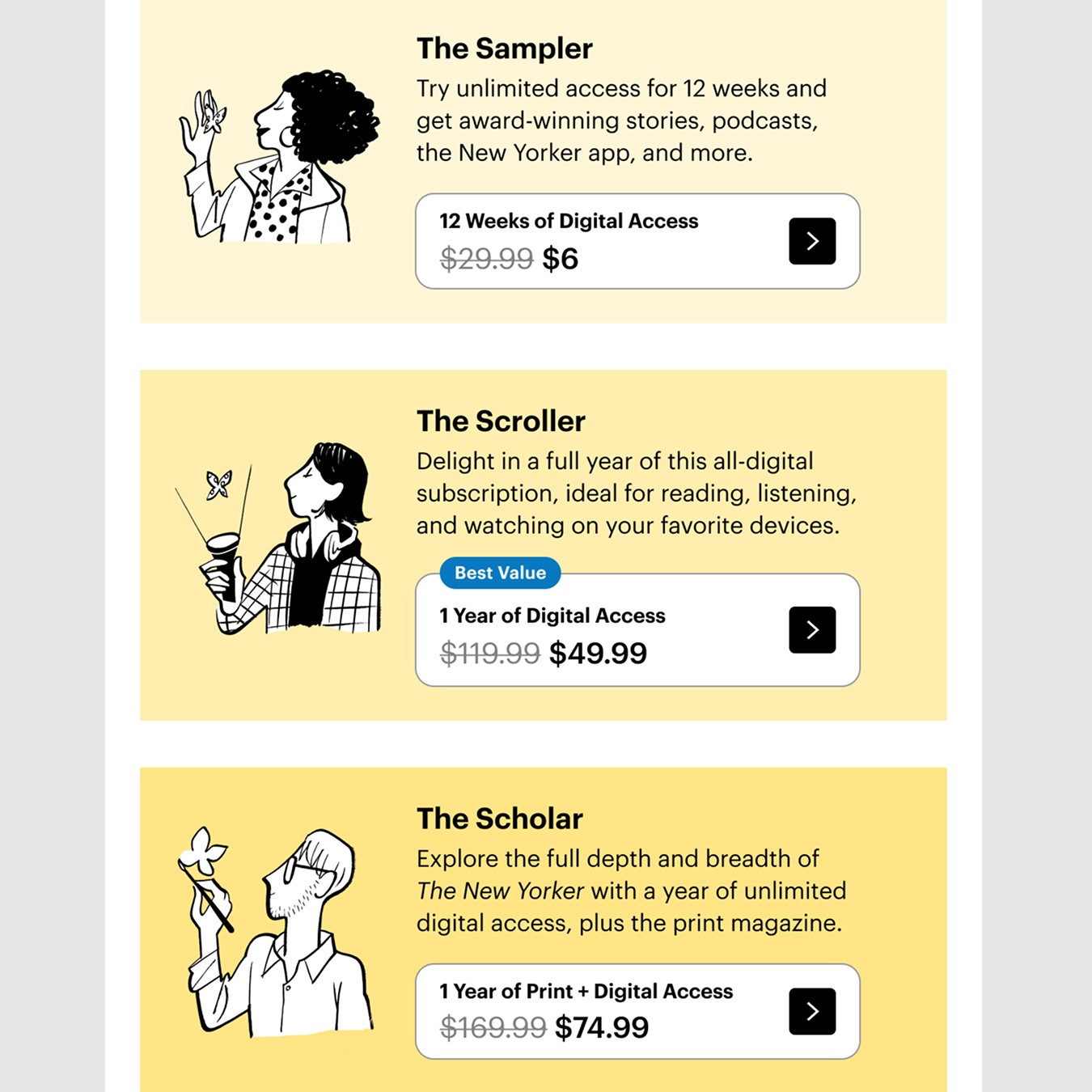 Close up detail of the subscription tiers with new illustrations by Joao Fazenda.