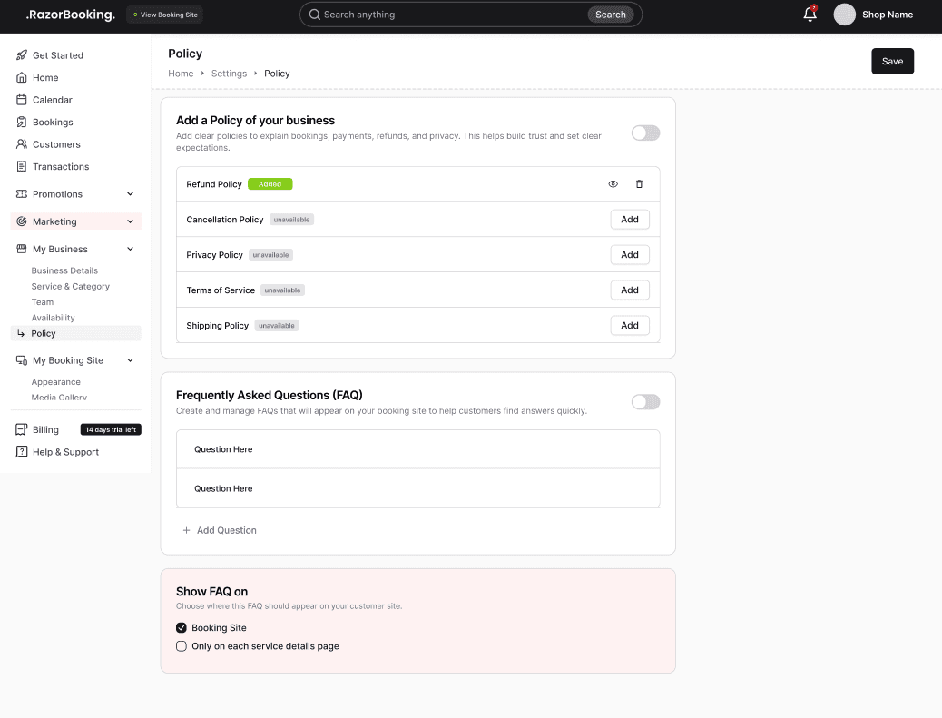 Policy page listing refund, cancellation, privacy, terms and shipping policies, each with an Add button