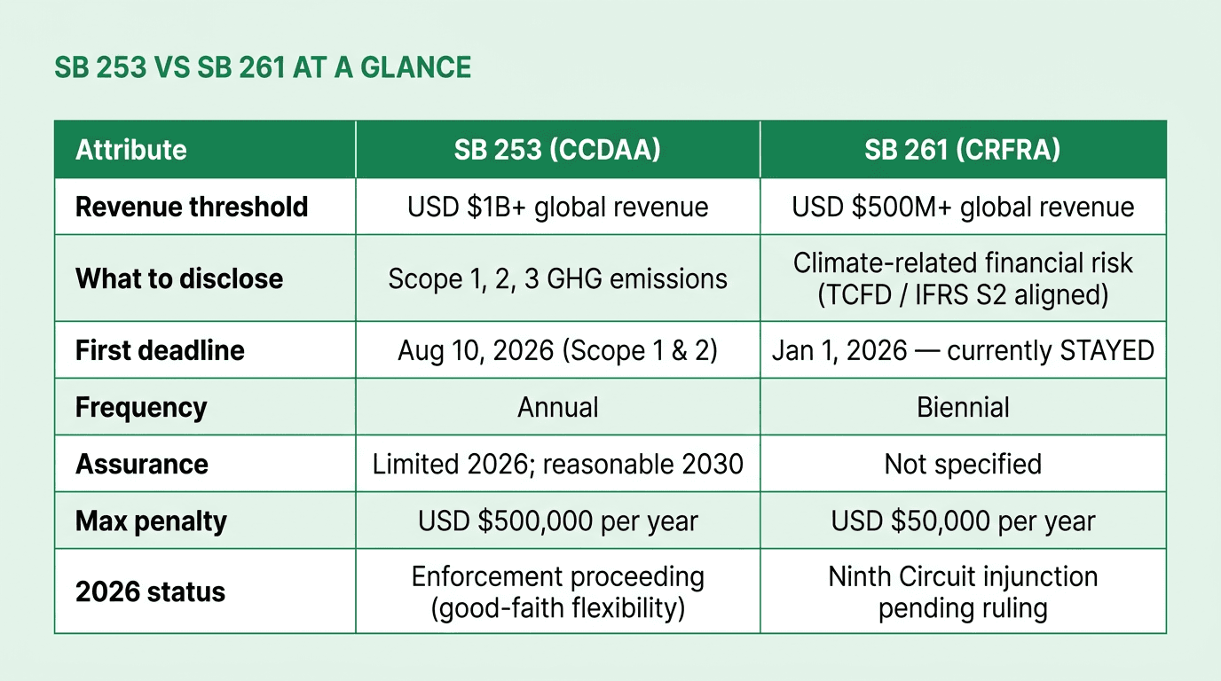 Comparison table showing SB 253 and SB 261 side by side across revenue threshold, disclosure scope, first deadline, frequency, assurance requirements, maximum penalty, and 2026 enforcement status