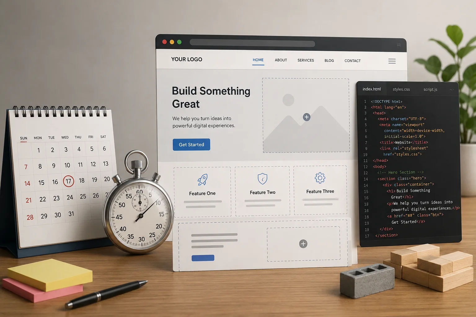 A calendar, stopwatch, and a website layout on a desk, representing how long it takes to build a small business website.