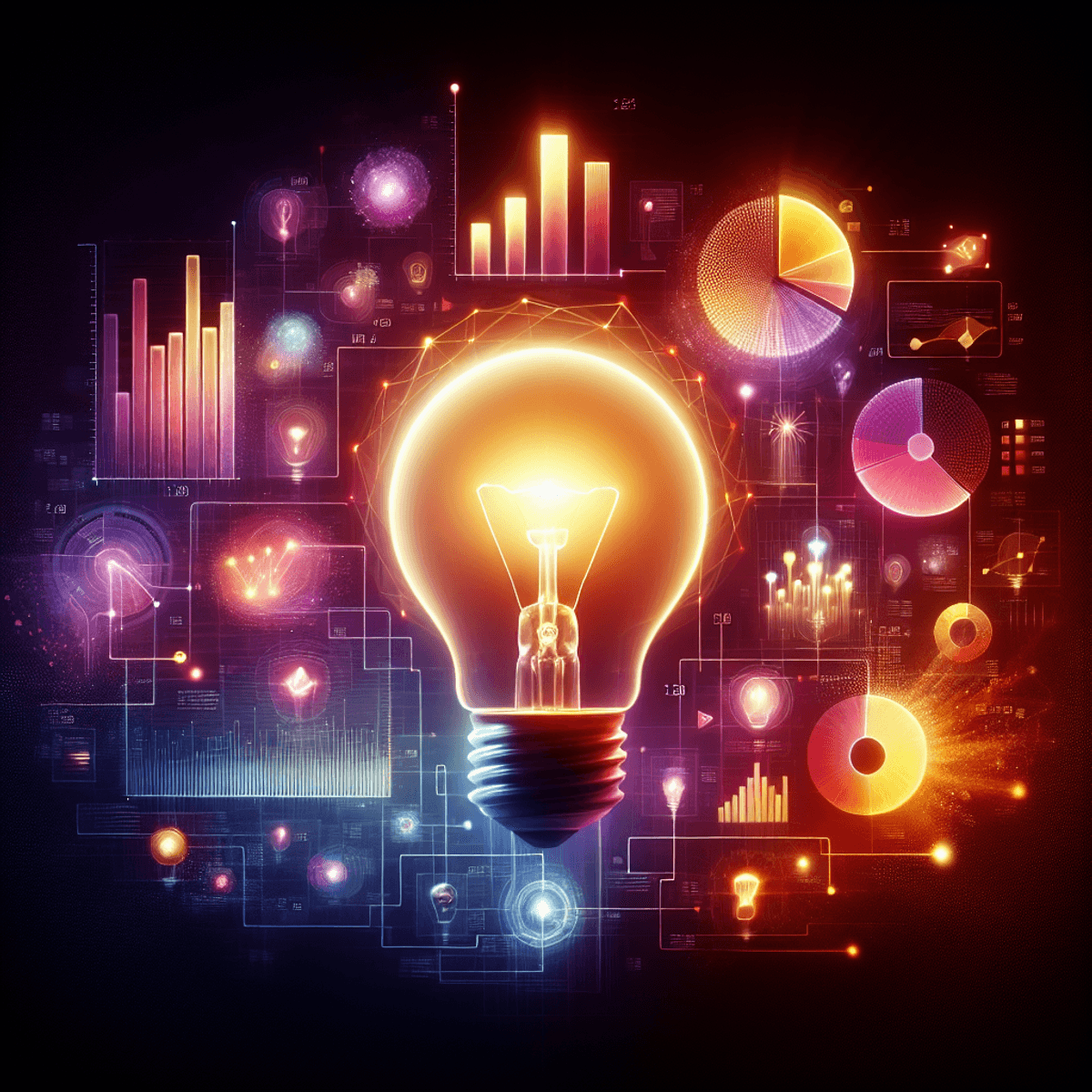 An abstract representation of data-driven decision-making with a luminous lightbulb surrounded by various types of abstract data visuals