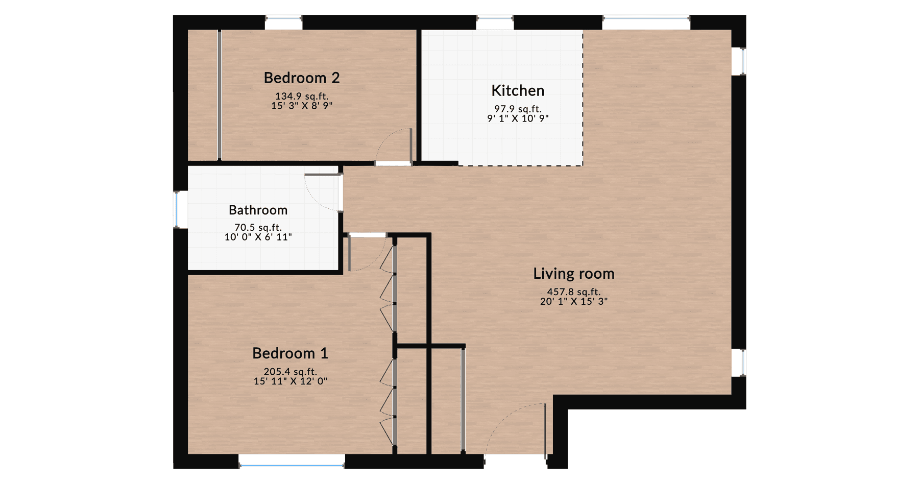 Two-bedroom house floor plan featuring a spacious living room, modern kitchen, two bedrooms, and a full bathroom.