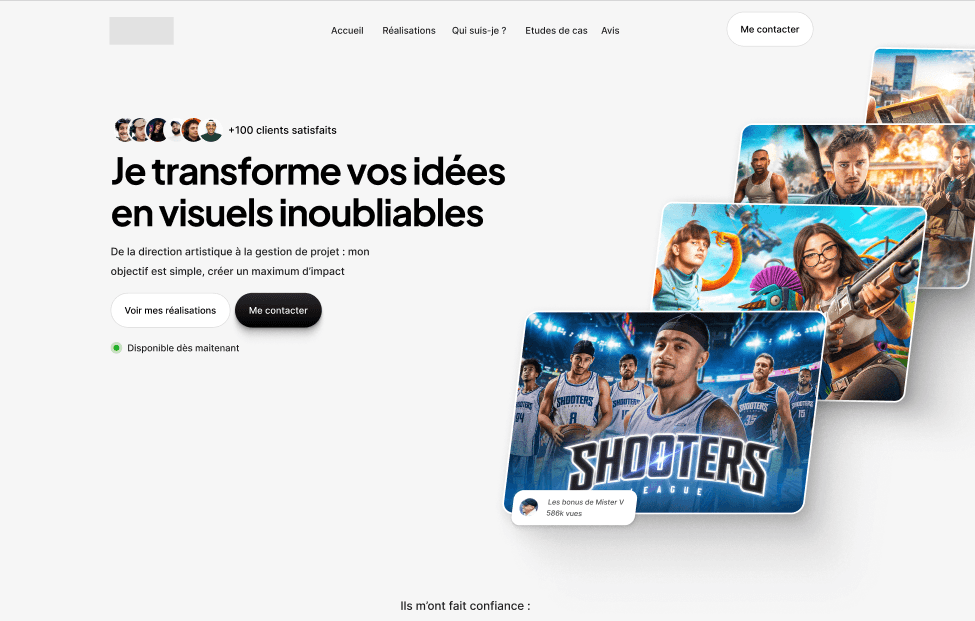 Hero section du site en light mode pour un graphiste indépendant