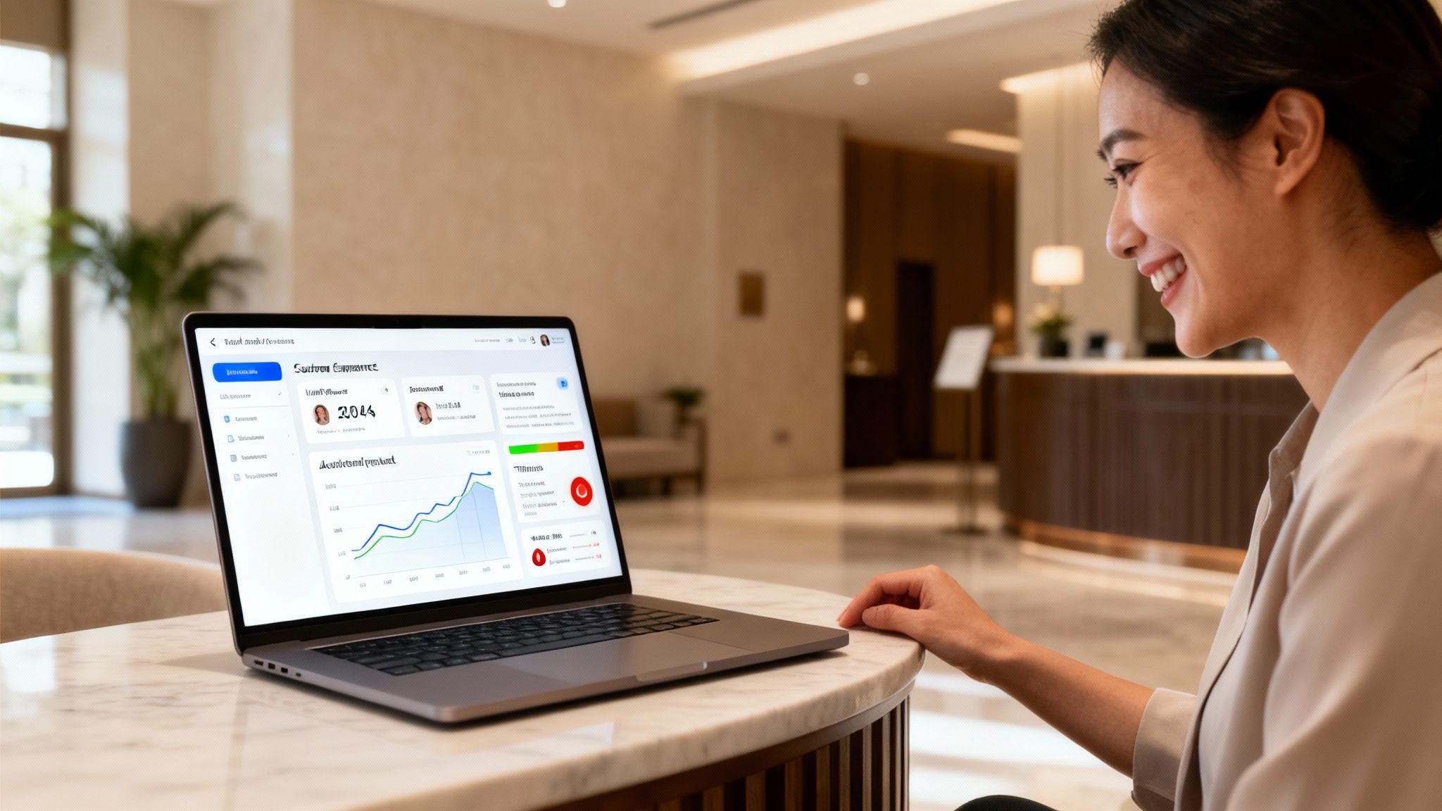 Smiling woman views a laptop screen displaying a customer experience dashboard with charts and data in a modern lobby.