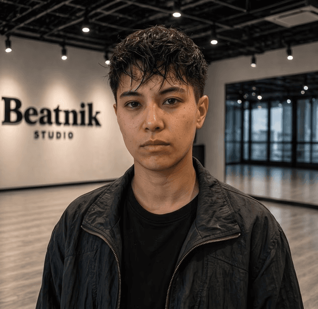 Young person with short dark hair, wearing a black jacket, stands in an indoor space with a sign in the background.