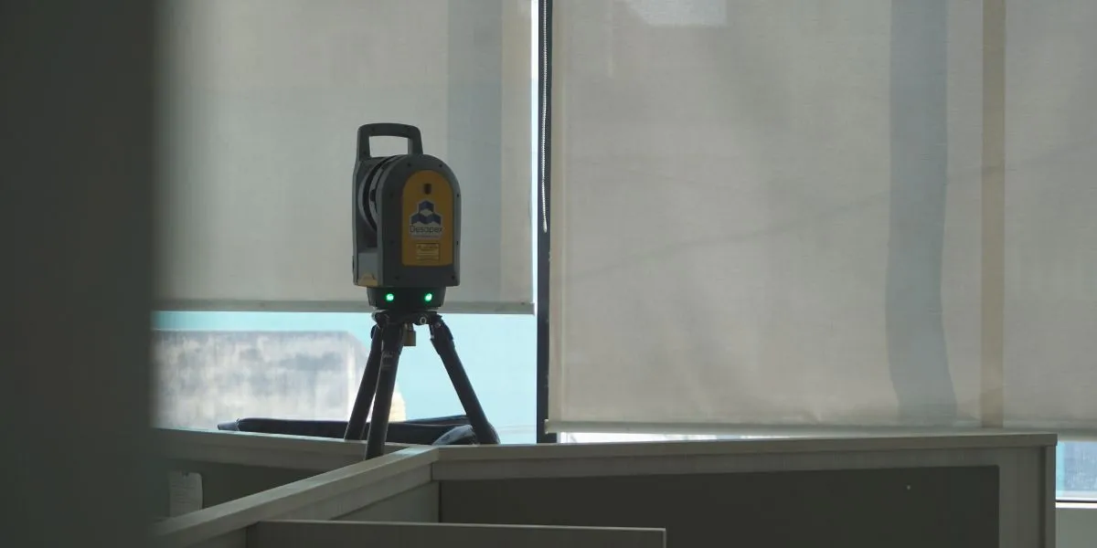 A man stands while two people sit at a table in an office setting, smiling and engaged in conversation. The mood is friendly and collaborative.