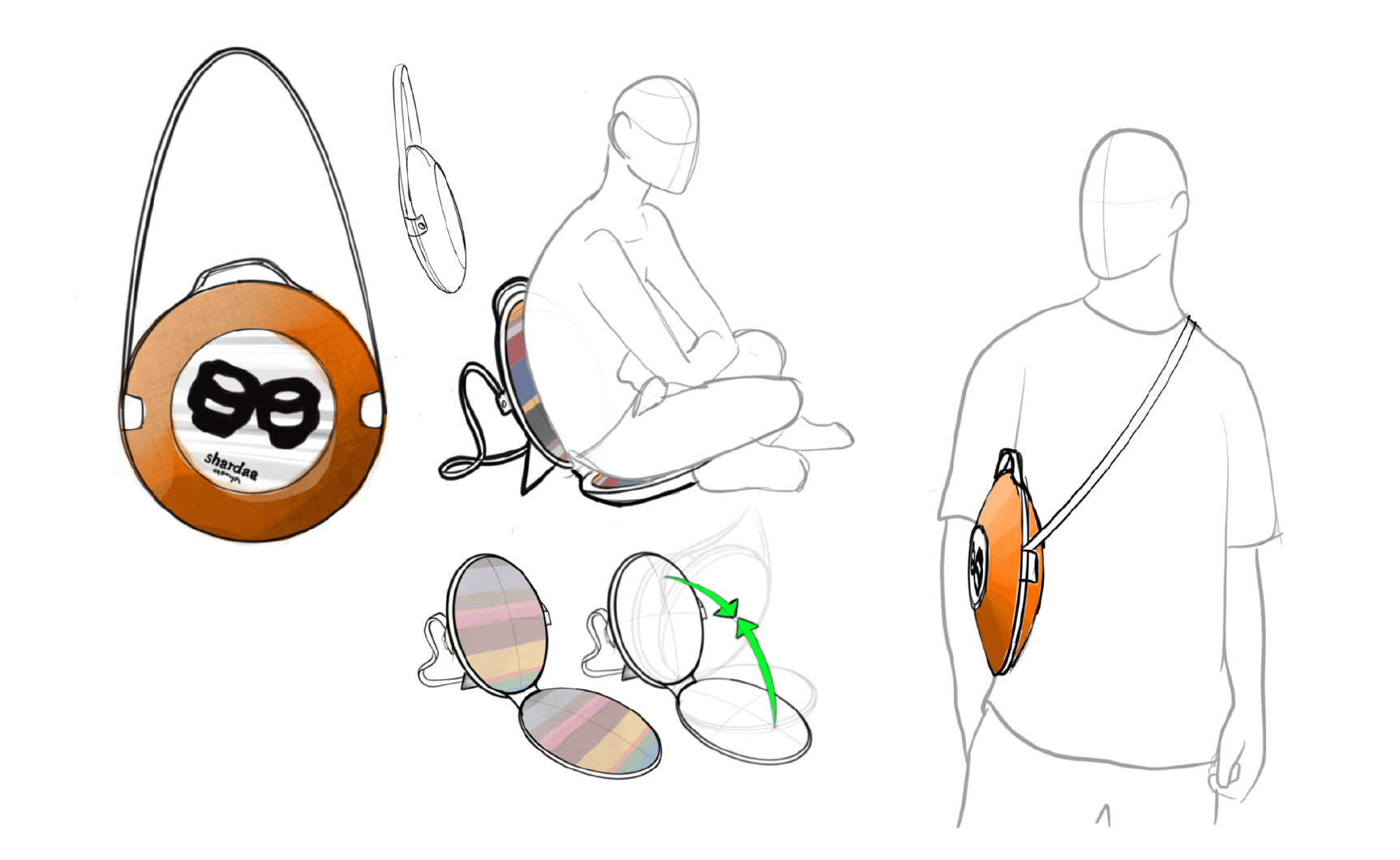 Industrial design sketch for the circular Shaardaa cross-body bag that transforms into a portable, foldable seat cushion.