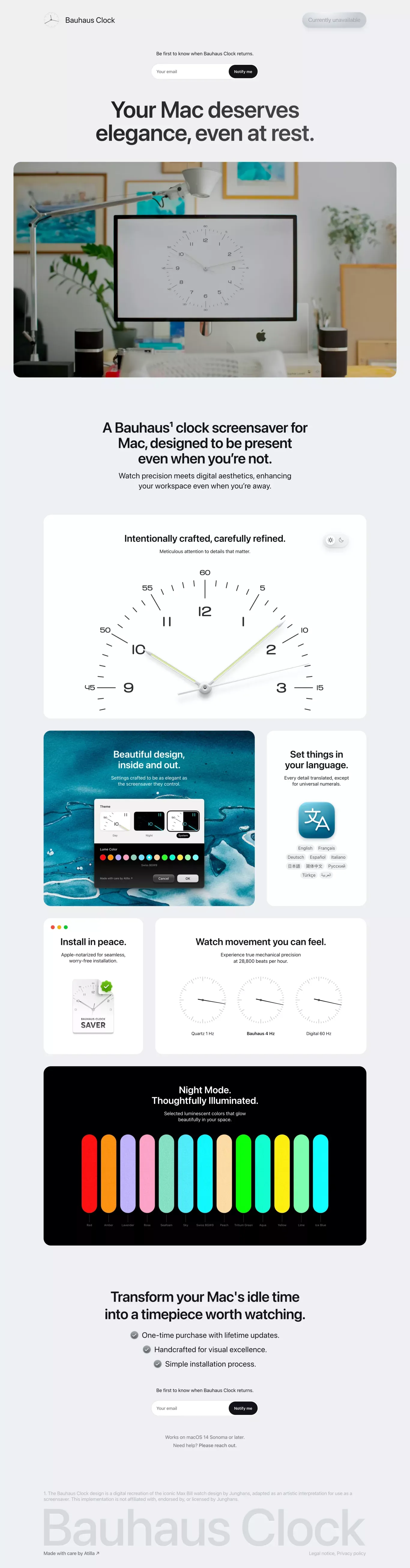 Bauhaus Clock - Elegant Timepiece Screen landing page screenshot showcasing Tech and Design design