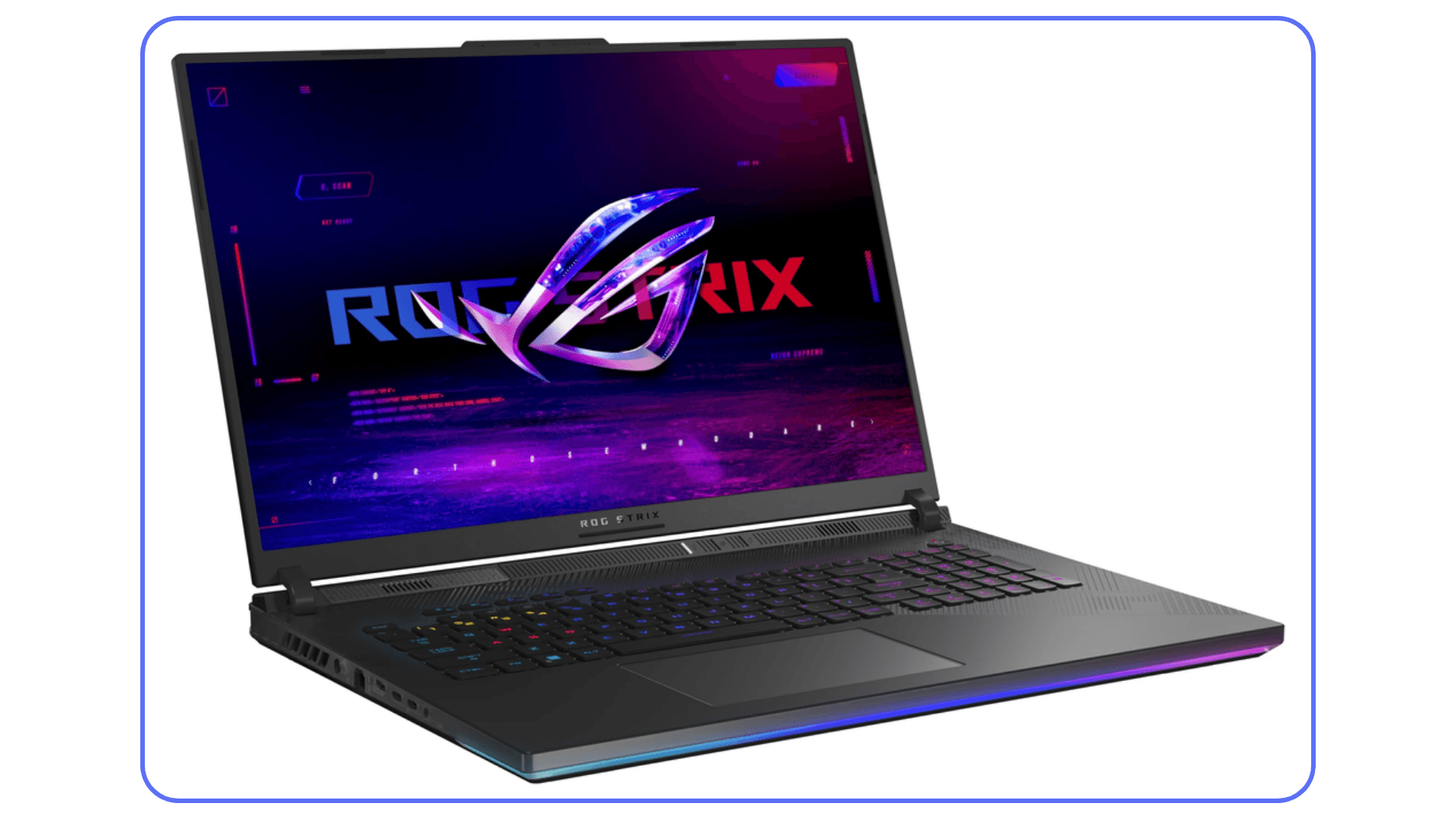ASUS ROG Strix gaming laptop open view – RGB-backlit keyboard and vivid screen displaying ROG logo with purple and blue lighting effects.