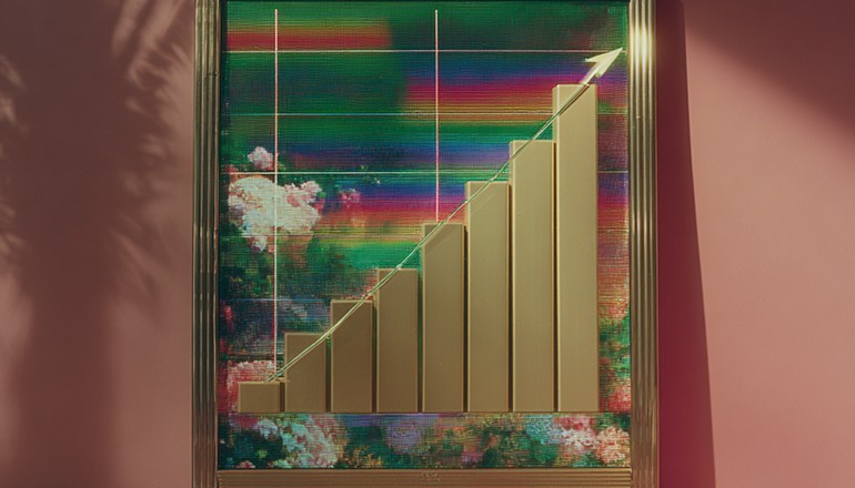 Chart tending up with gold bars, and a digital background.