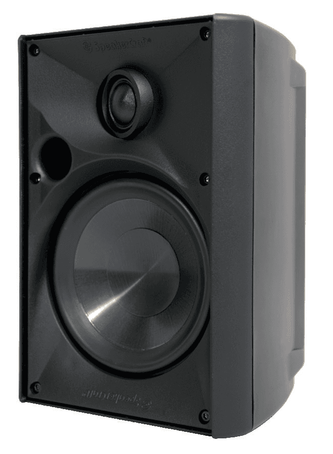 Black outdoor speaker with tweeter and woofer