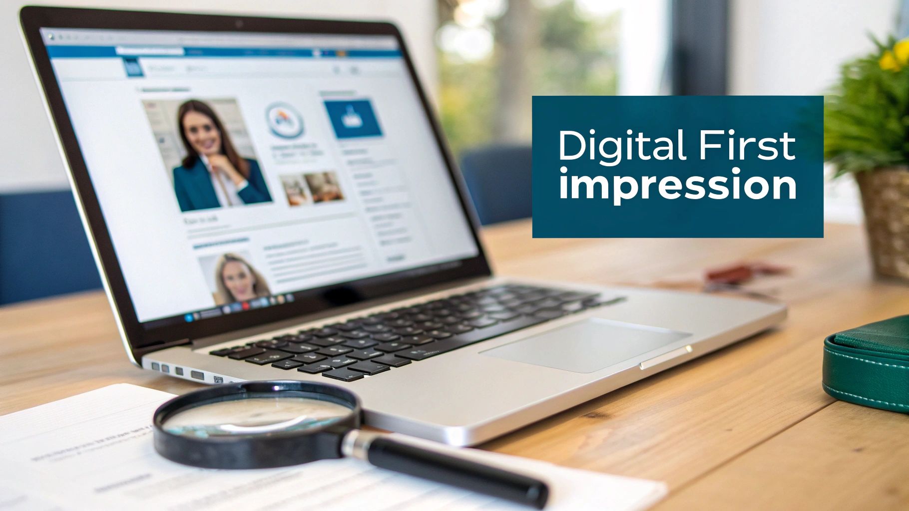 Laptop displaying a professional online profile, a magnifying glass, and text 'Digital First Impression'.