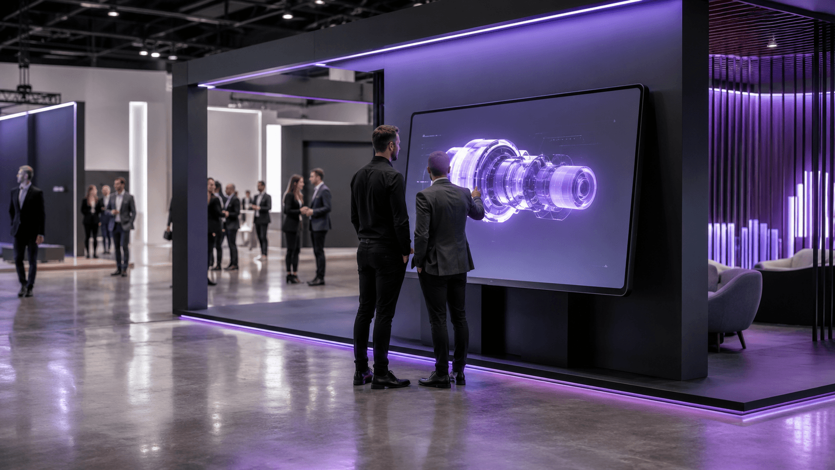 Two people exploring an interactive 3D product render on a touchscreen at a trade show booth