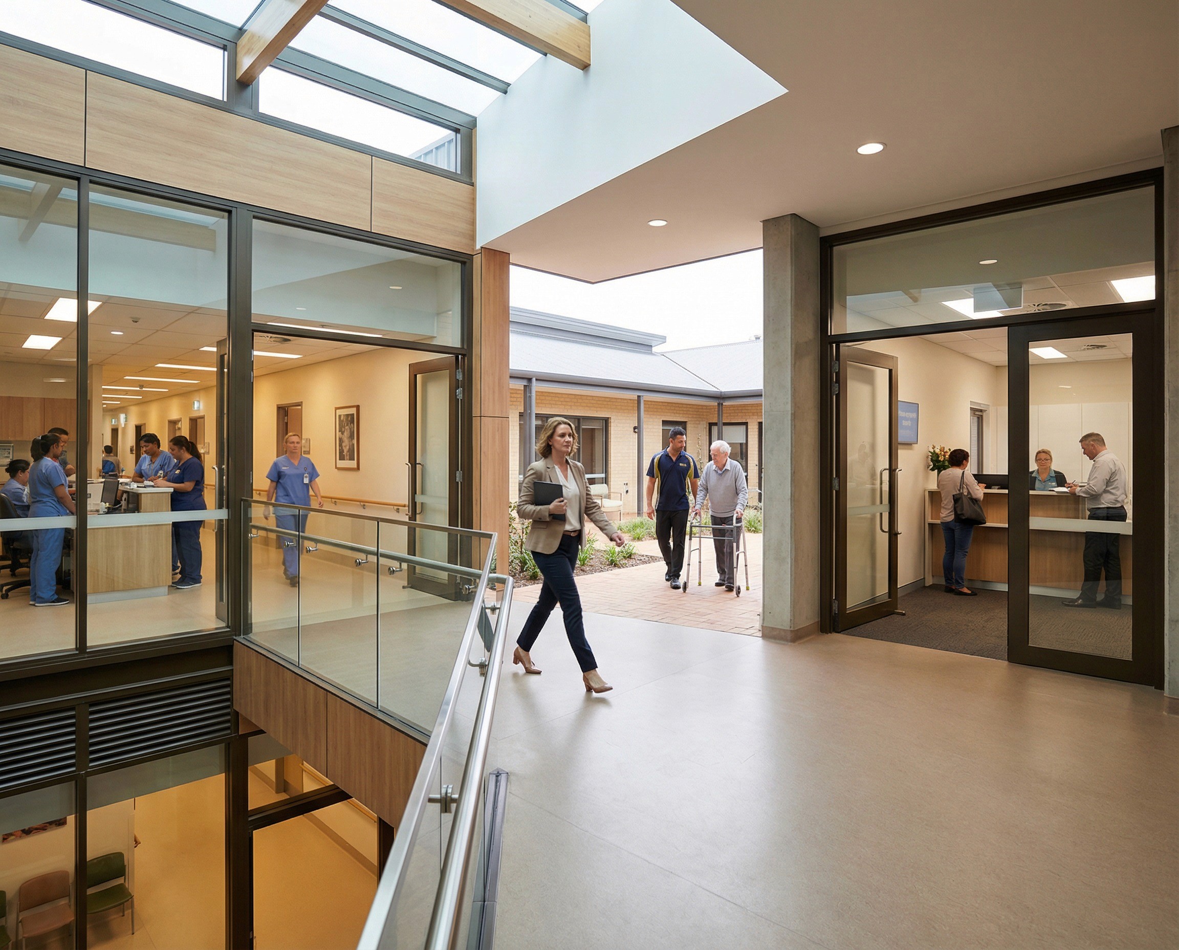 A wide, layered shot taken from the central atrium of a large healthcare campus — the kind of facility where multiple care settings converge under one organisational structure. Through a glass walkway on the left, a hospital ward corridor is visible with nurses at a station. Through an open courtyard ahead, a low-rise aged care residential wing is visible with a carer walking alongside a resident using a frame. To the right, through a set of doors, a community health clinic waiting area with a receptionist and a patient signing in. In the centre of the atrium, a WHS manager in her mid-40s is walking through the junction carrying a tablet at her side, crossing between settings — the one person whose responsibility spans all three. She is mid-stride, purposeful, with the composed expression of someone navigating complexity she can finally see in one system.