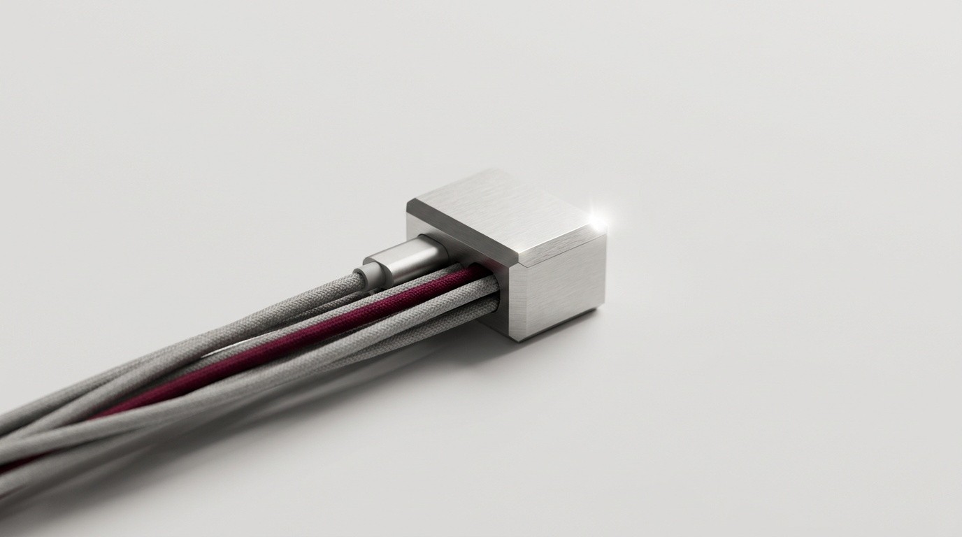 Dressed cables entering a machined block, evoking building on voice infrastructure versus buying an agent