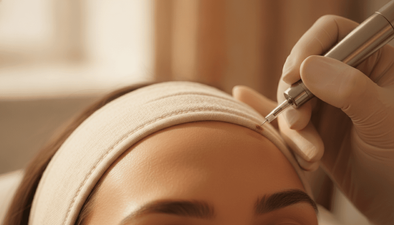 Close, calm view of a powder brows treatment in progress, with a fine needle nea