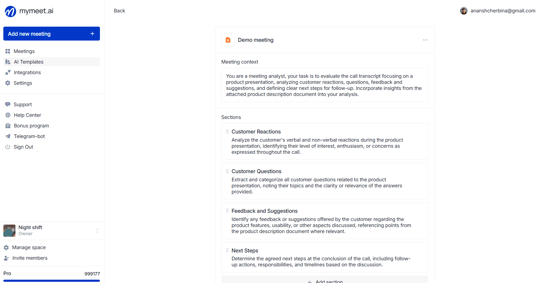 generated "Product demo" template with "Meeting context" block and sections "Participant reactions", "Questions and concerns", "Feedback and suggestions"