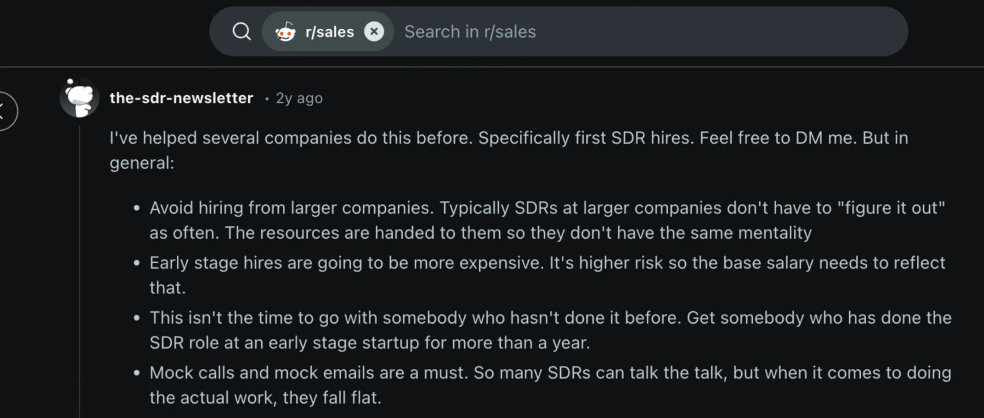 A Reddit thread on hiring enterprise SDRs at startups