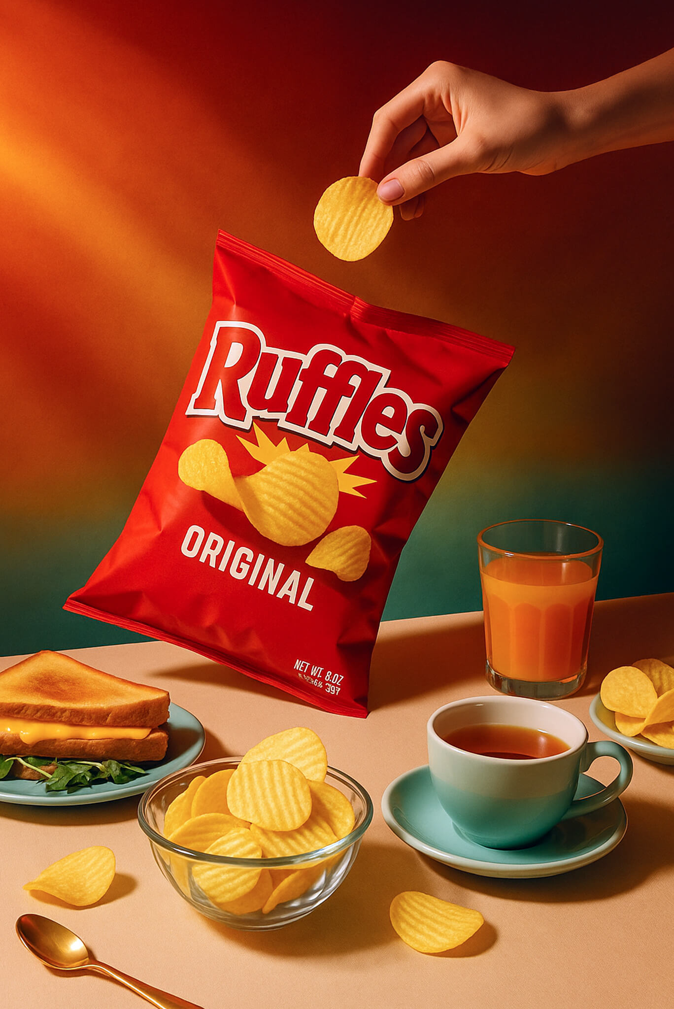 A hand holding a potato chip above Ruffles Original chips with tea, orange juice, and sandwich.