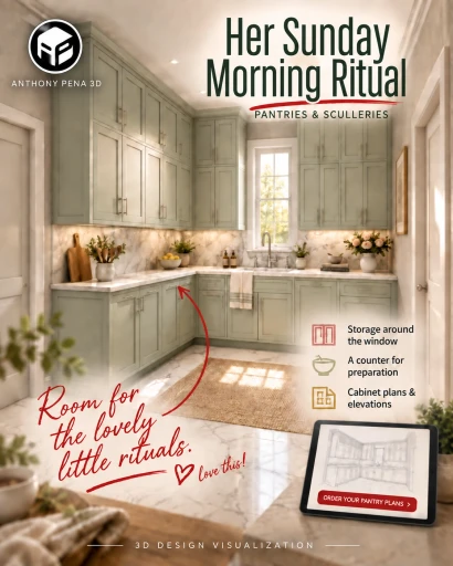Concept cover of pale green L-shaped pantry cabinets around a sink beneath a narrow window.