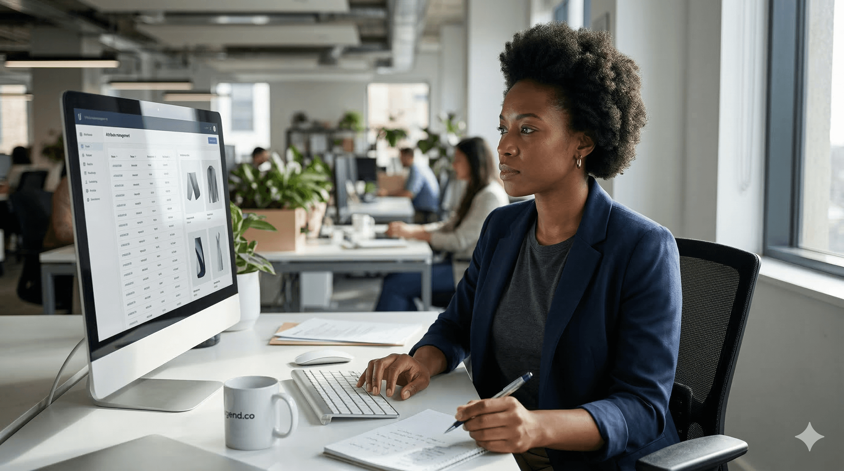 In a modern, open-plan office, an individual attentively examines a computer screen displaying a product catalog, with lush green plants and a cup labeled "Amco" nearby, echoing themes of Wayfair's enhanced customer support and catalog accuracy through OpenAI technology.