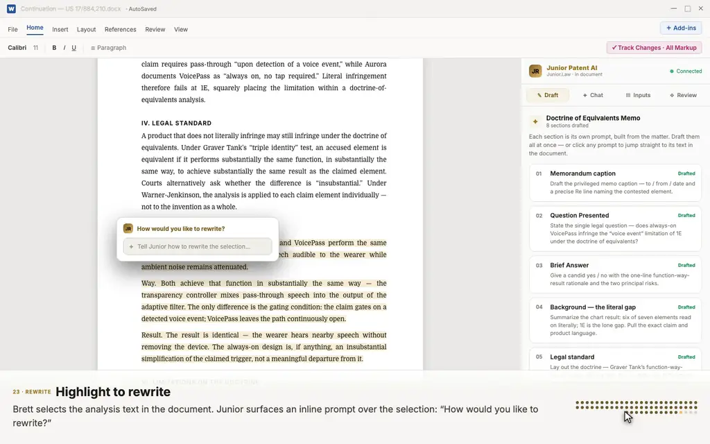 Highlight-to-rewrite in Word: asking for citations to the claim chart, with tracked-change markup and a claim-chart support table injected into the memo