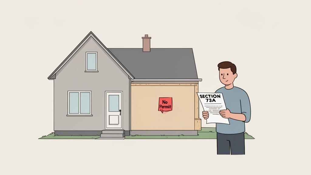 A man holds a Section 73A document beside a house with a 'No Permit' sign on an addition under construction.