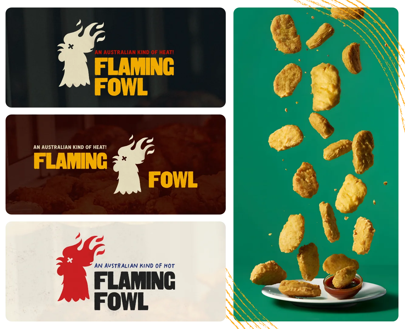 Comprehensive brand identity system for Flaming Fowl, showcasing three horizontal social media banner variations and a vertical "action shot" for digital marketing by Made by Campfire.