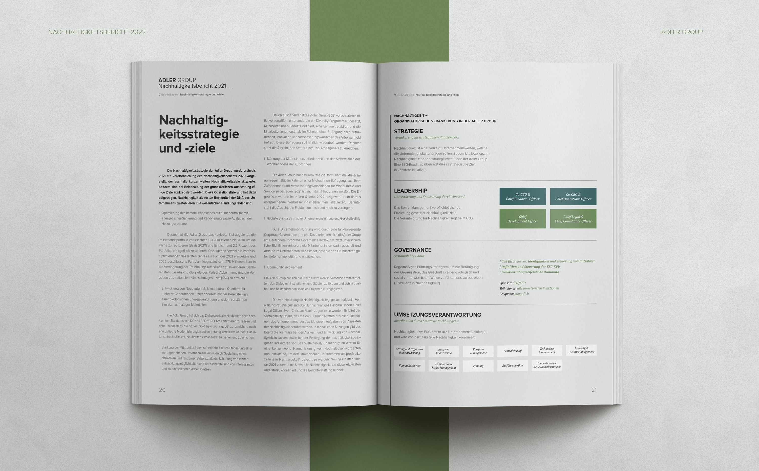 Editorial Design für den Sustainability Report der Adler Group – klare Gestaltung mit präziser Typografie und strukturierter Bildsprache