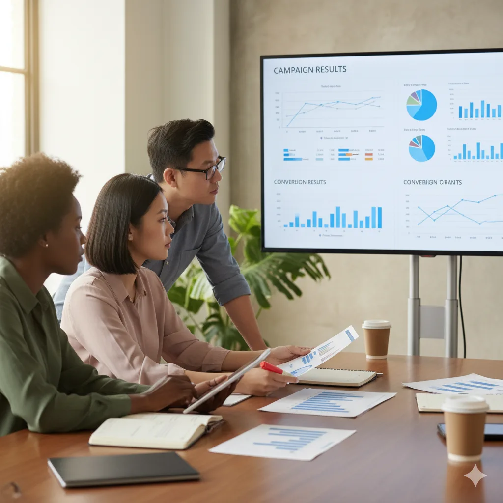 Marketing team analyzing SEO campaign performance and conversion metrics – RJP.design, Web Design Agency NYC focused on website design, Google optimization, and digital marketing strategy.