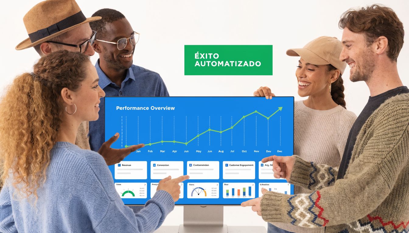 Un grupo de profesionales diversos colabora analizando gráficos de rendimiento digital en una pantalla de computadora.