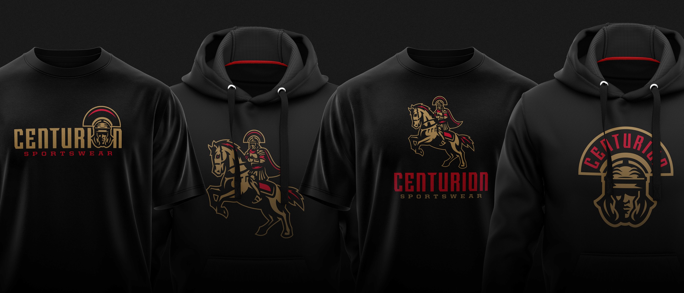 Centurion Sportswear logos micked up on shirts + hoodies.