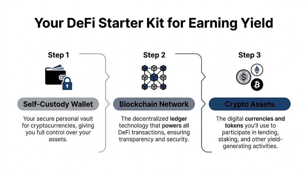 An infographic titled Your DeFi Starter Kit for Earning Yield, outlining three steps involving wallets, blockchain, and crypto assets.