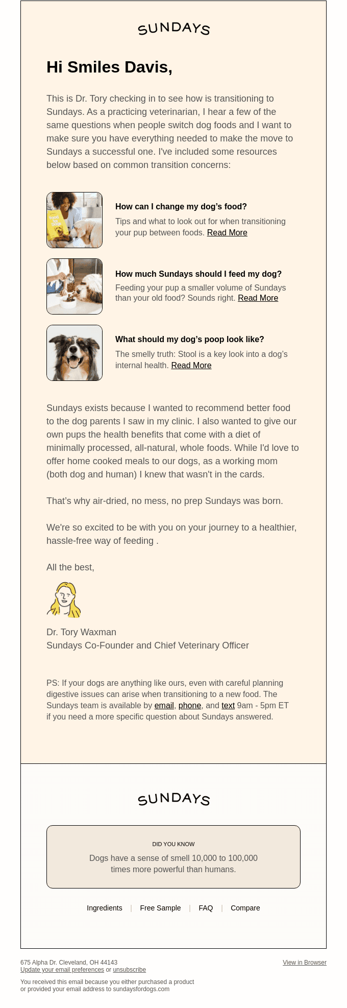 Follow-up email from SUNDAYS with tips for transitioning dogs to a new diet and addressing customer concerns