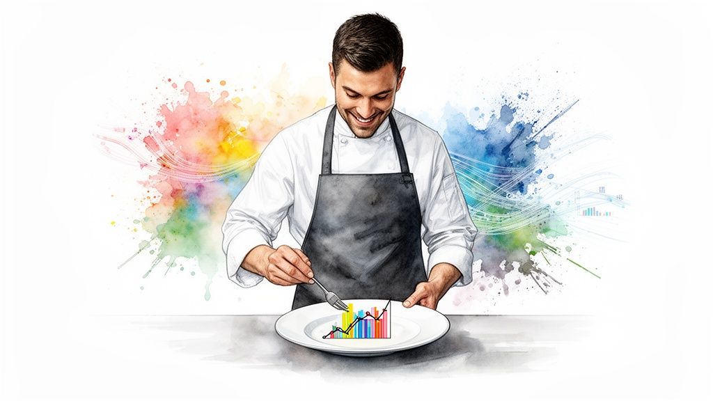 A smiling chef serves a colorful data chart on a plate, symbolizing business insights.