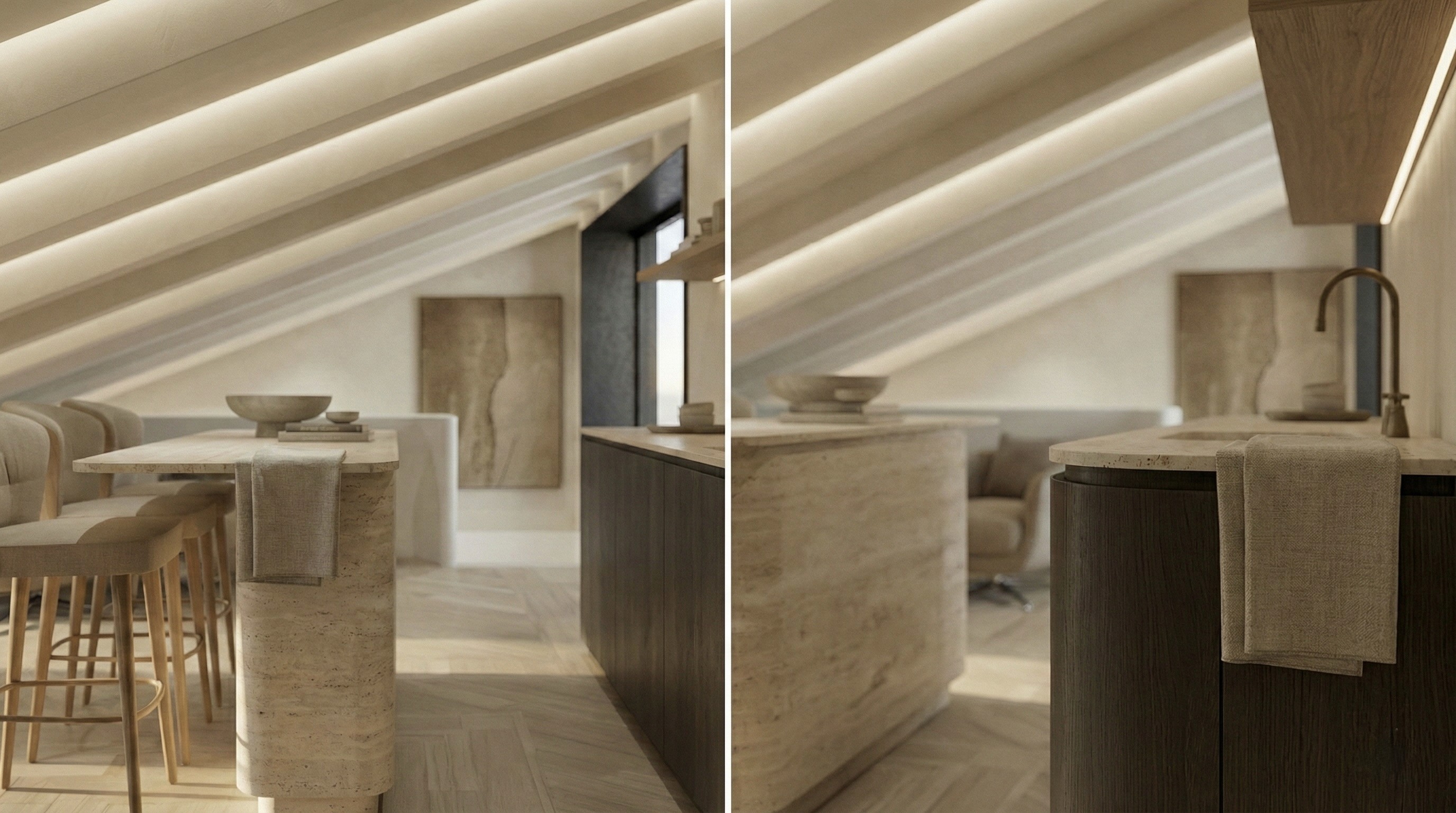 Proyecto Jovellanos 5 de Calienzo, interiorismo en Cortes con piedra natural, madera clara y luz suave.