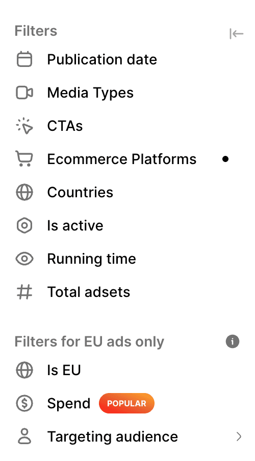 Ad filter menu options