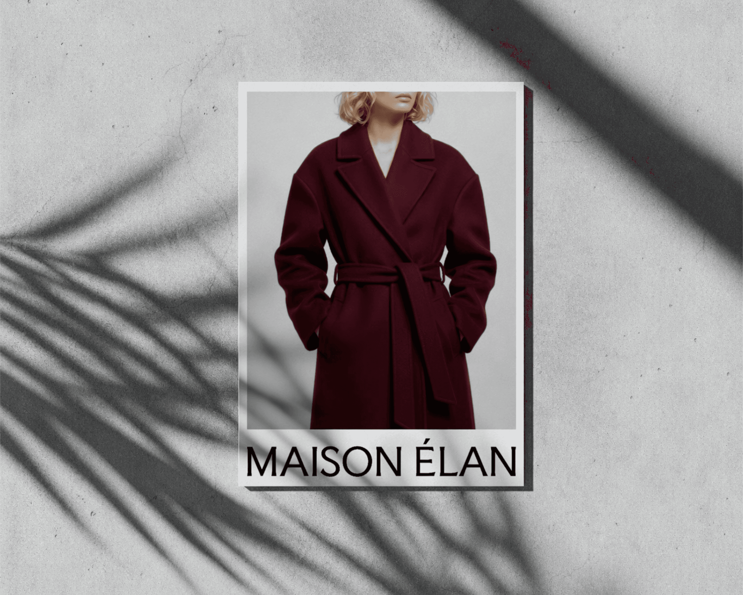 A Maison Élan poster with a photo of a woman wearing a burgandy trench coat and the brand's logo printed on the bottom.