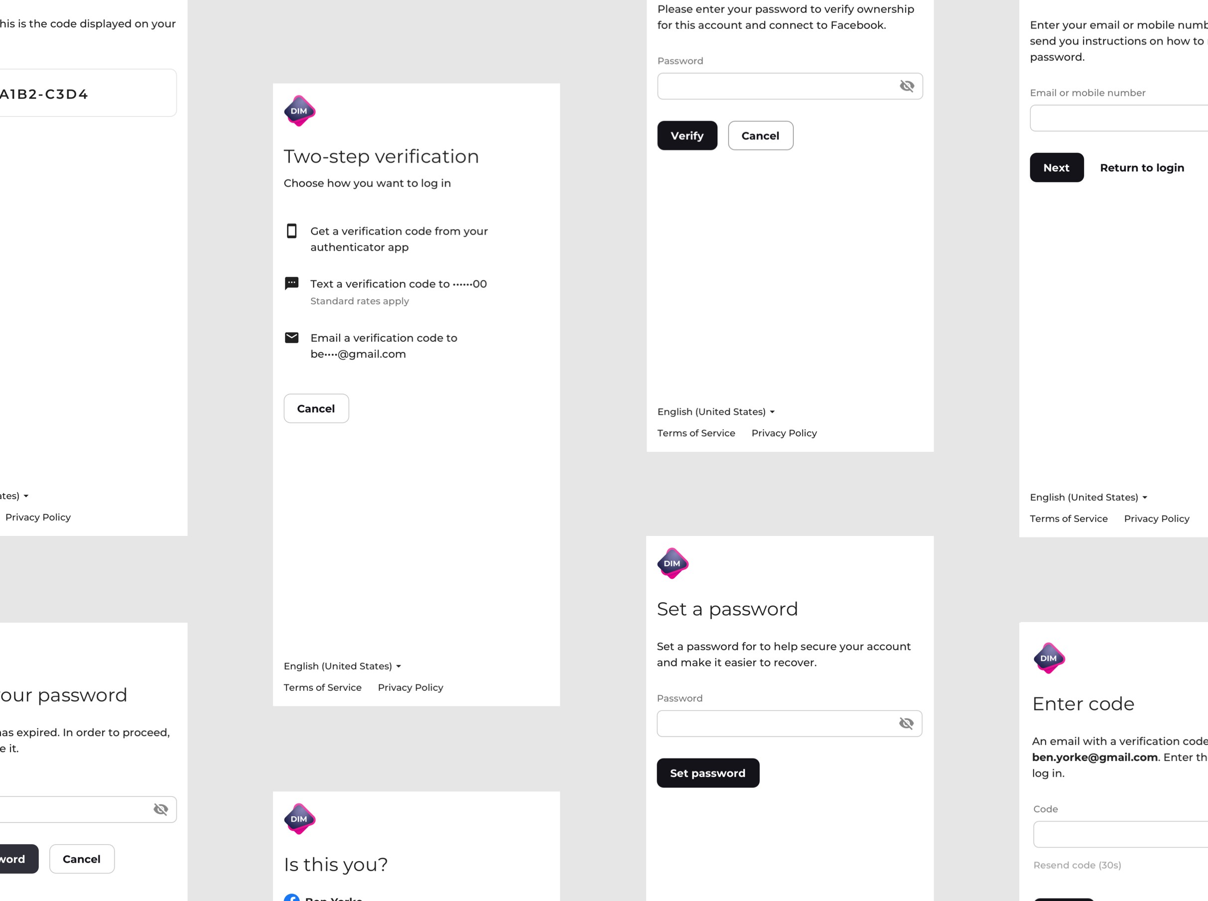 Various Flow screens (light theme, mobile).