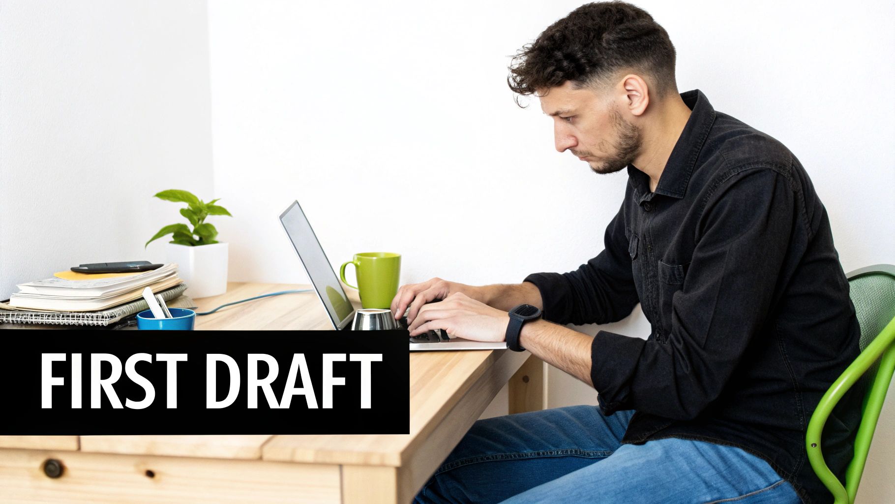 A messy desk with a laptop, scattered papers, and a coffee cup, symbolizing the drafting phase of the creative writing process.